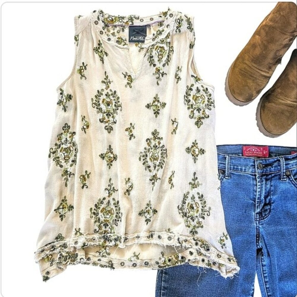 Nanette Lepore Women's Flowy Sleeveless Blouse Size Medium Green Embroidery Y2K